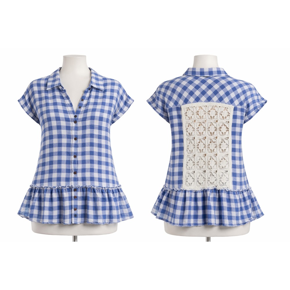 Free People Top Womens L Blue Gingham Plaid Crochet Boho Coastal